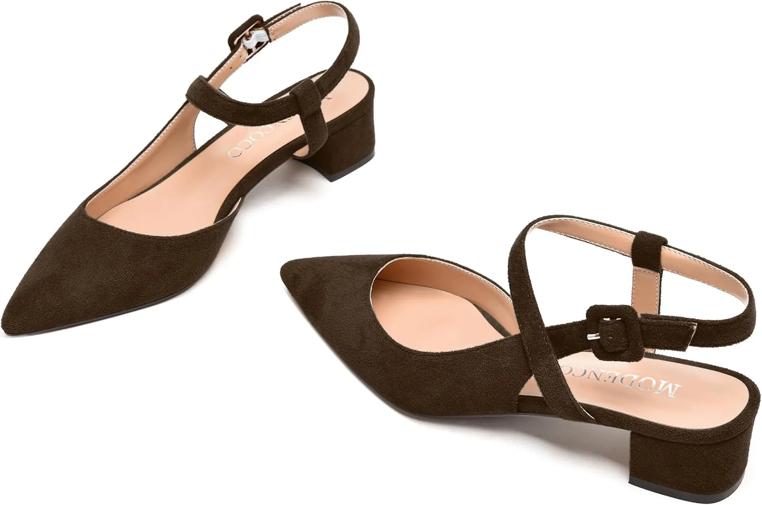 MODENCOCO Womens Comfortable Wedding Suede Pointed Toe Dress Ankle Strap Buckle Chunky Low Heel Pumps Shoes 1.5 Inch