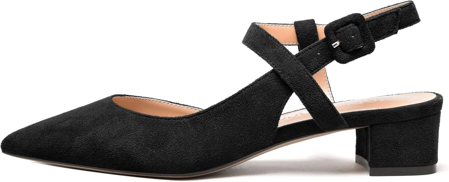 MODENCOCO Womens Comfortable Wedding Suede Pointed Toe Dress Ankle Strap Buckle Chunky Low Heel Pumps Shoes 1.5 Inch