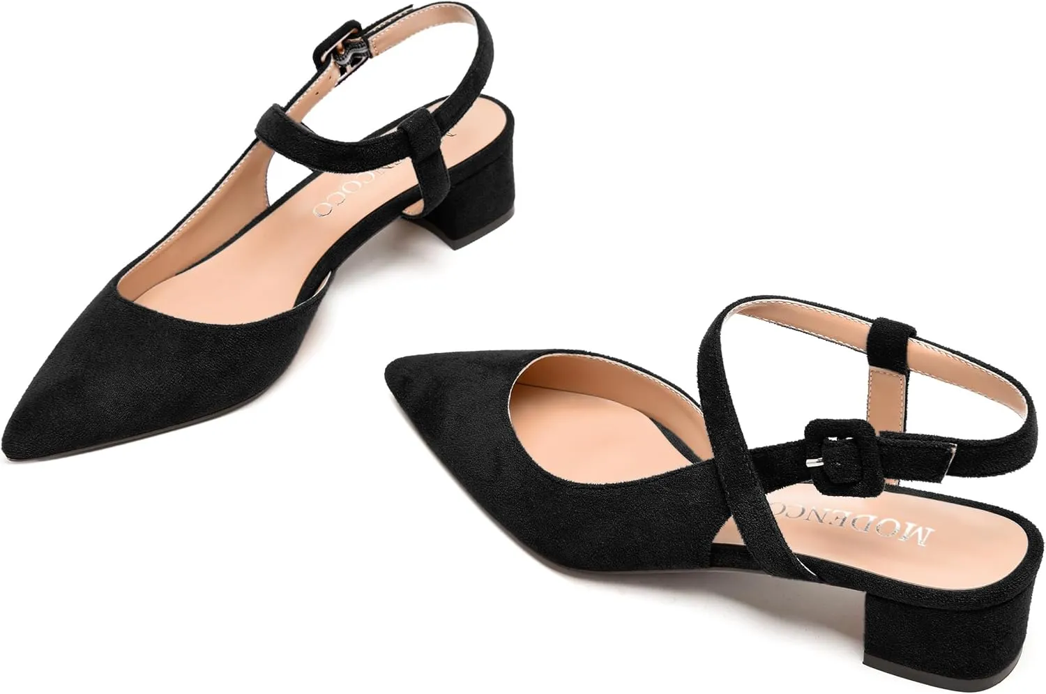 MODENCOCO Womens Comfortable Wedding Suede Pointed Toe Dress Ankle Strap Buckle Chunky Low Heel Pumps Shoes 1.5 Inch