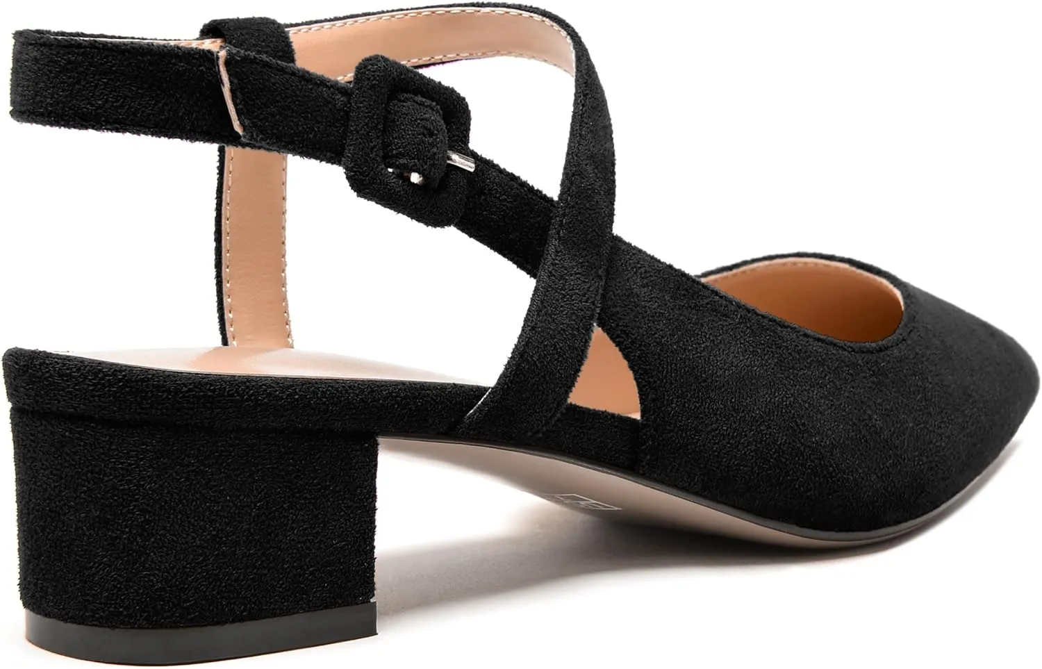 MODENCOCO Womens Comfortable Wedding Suede Pointed Toe Dress Ankle Strap Buckle Chunky Low Heel Pumps Shoes 1.5 Inch