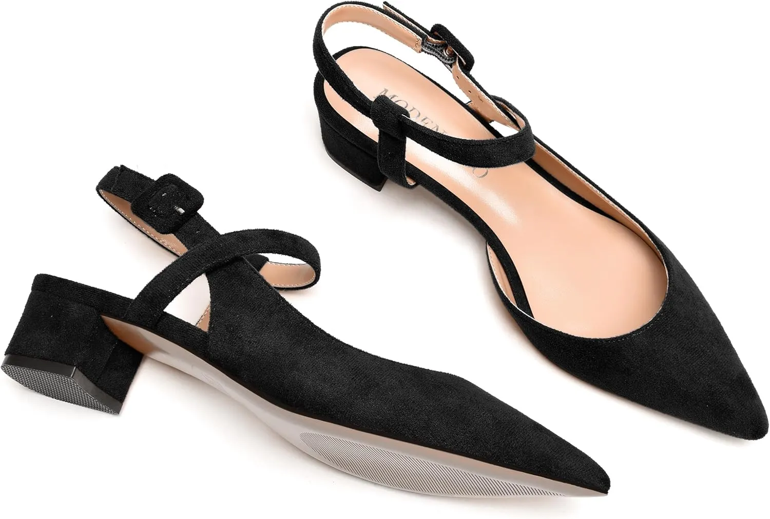 MODENCOCO Womens Comfortable Wedding Suede Pointed Toe Dress Ankle Strap Buckle Chunky Low Heel Pumps Shoes 1.5 Inch