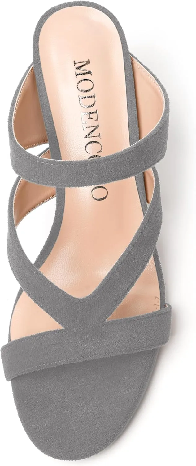 MODENCOCO Womens Party Strappy Dress Slip On Suede Open Toe Fashion Stiletto Mid Heel Heeled Sandals 2.5 Inch