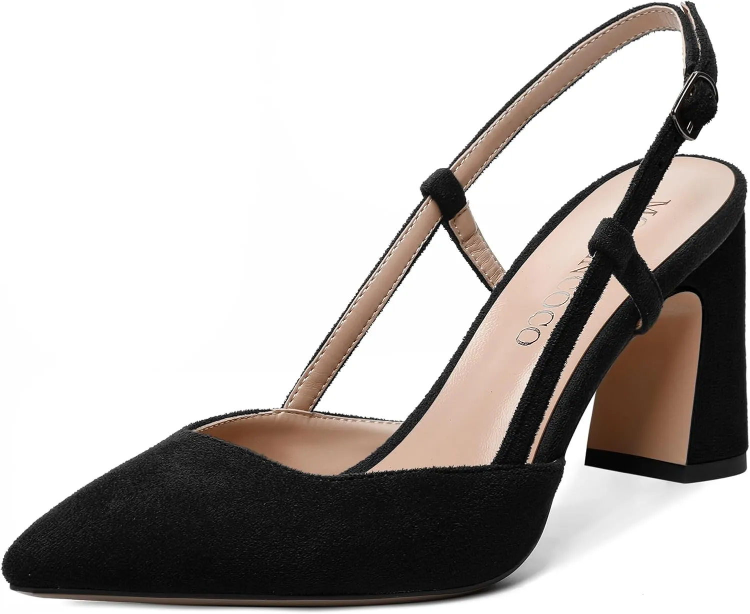 MODENCOCO Womens Slingback Evening Sexy Pointed Toe Suede Fashion Buckle Block High Heel Pumps Shoes 3.3 Inch