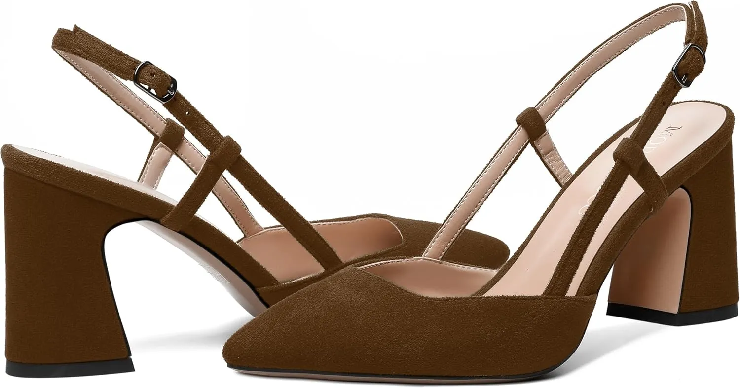 MODENCOCO Womens Slingback Evening Sexy Pointed Toe Suede Fashion Buckle Block High Heel Pumps Shoes 3.3 Inch