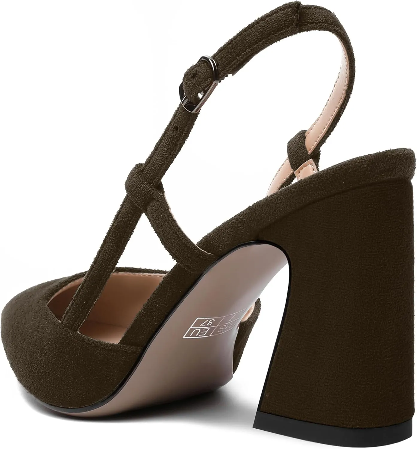 MODENCOCO Womens Slingback Evening Sexy Pointed Toe Suede Fashion Buckle Block High Heel Pumps Shoes 3.3 Inch
