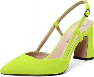 MODENCOCO Womens Slingback Evening Sexy Pointed Toe Suede Fashion Buckle Block High Heel Pumps Shoes 3.3 Inch