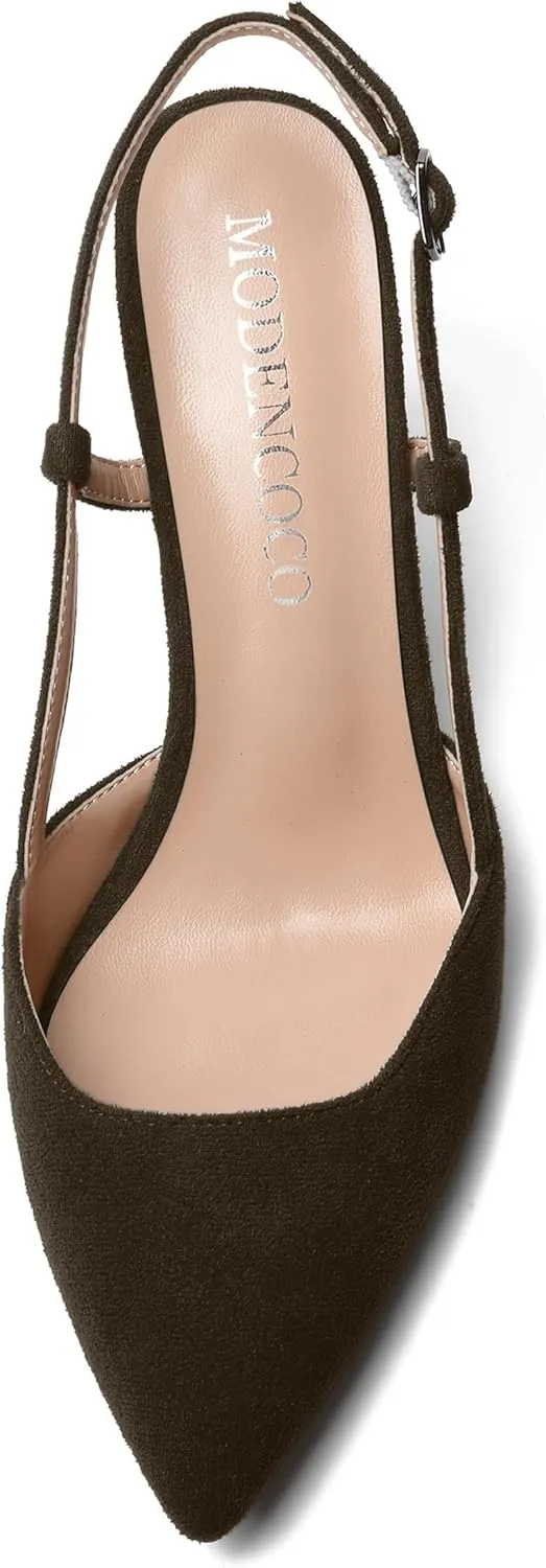 MODENCOCO Womens Slingback Evening Sexy Pointed Toe Suede Fashion Buckle Block High Heel Pumps Shoes 3.3 Inch