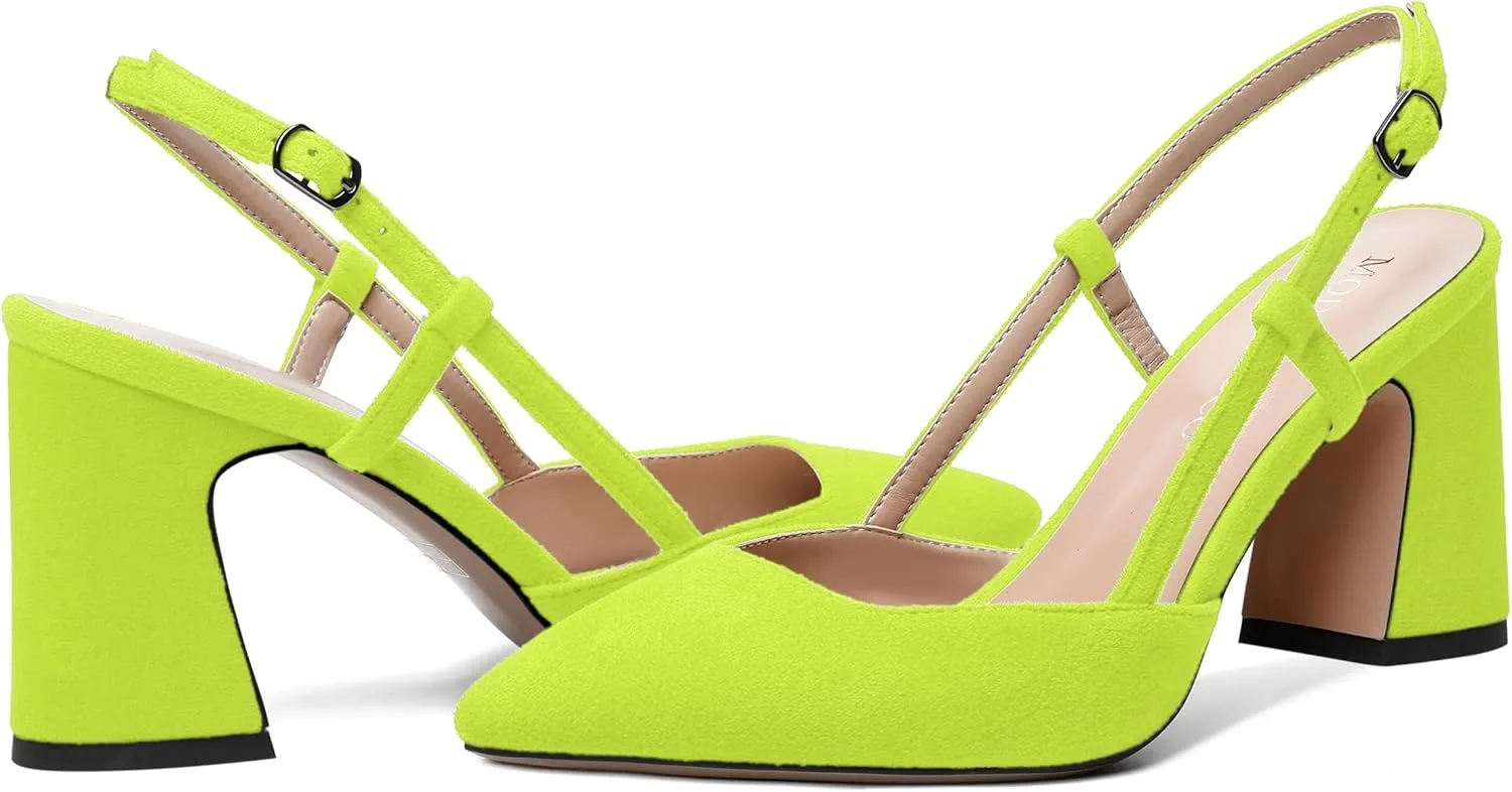 MODENCOCO Womens Slingback Evening Sexy Pointed Toe Suede Fashion Buckle Block High Heel Pumps Shoes 3.3 Inch