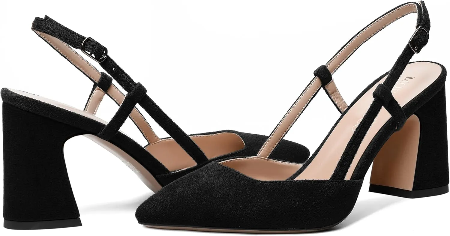 MODENCOCO Womens Slingback Evening Sexy Pointed Toe Suede Fashion Buckle Block High Heel Pumps Shoes 3.3 Inch