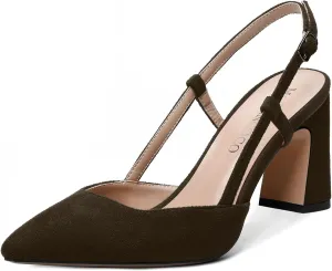MODENCOCO Womens Slingback Evening Sexy Pointed Toe Suede Fashion Buckle Block High Heel Pumps Shoes 3.3 Inch