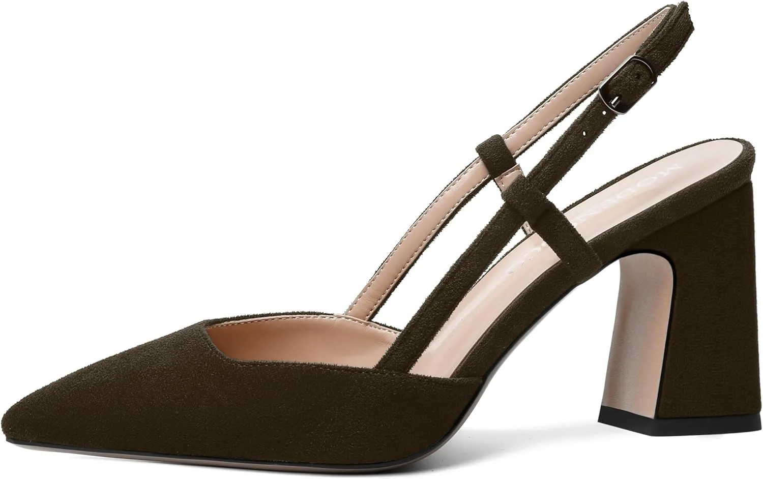 MODENCOCO Womens Slingback Evening Sexy Pointed Toe Suede Fashion Buckle Block High Heel Pumps Shoes 3.3 Inch