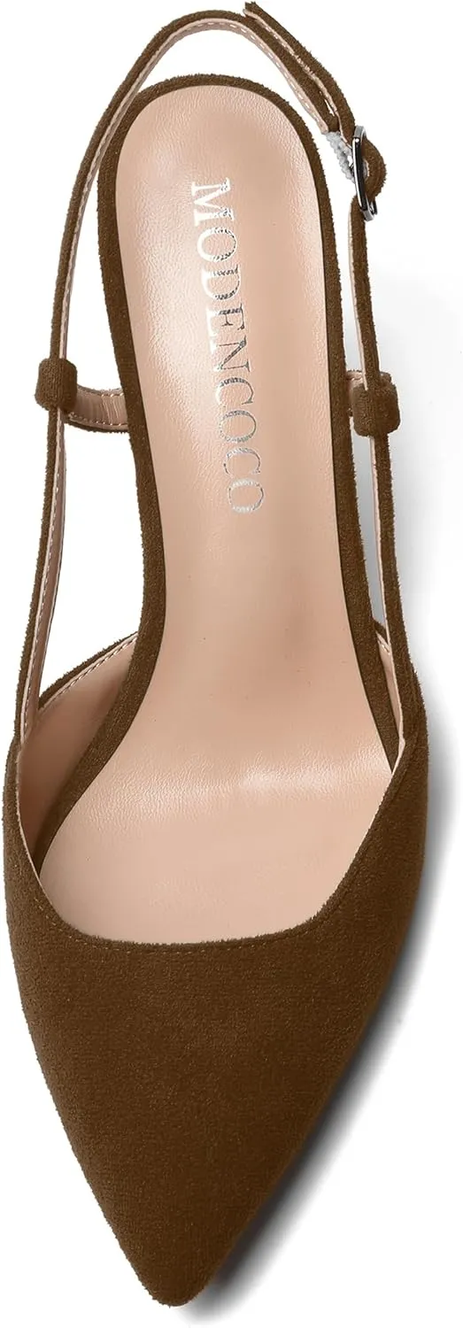 MODENCOCO Womens Slingback Evening Sexy Pointed Toe Suede Fashion Buckle Block High Heel Pumps Shoes 3.3 Inch