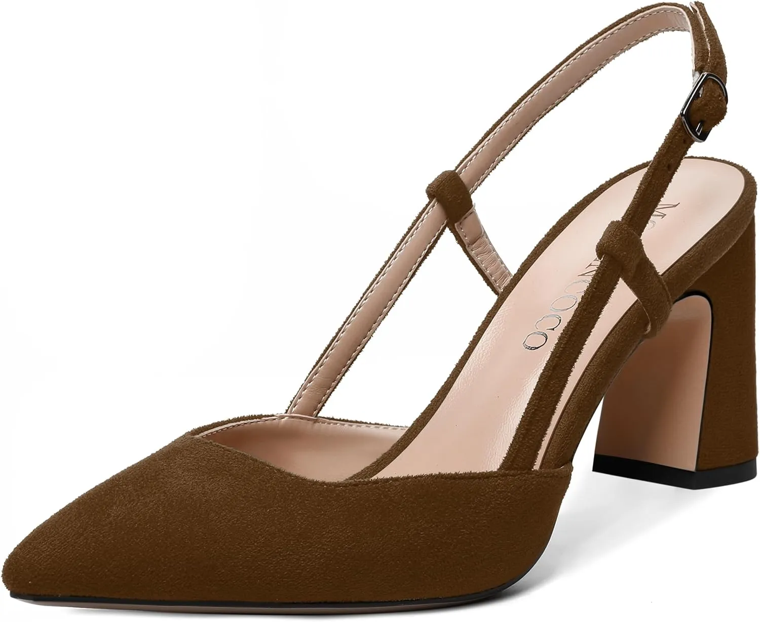 MODENCOCO Womens Slingback Evening Sexy Pointed Toe Suede Fashion Buckle Block High Heel Pumps Shoes 3.3 Inch