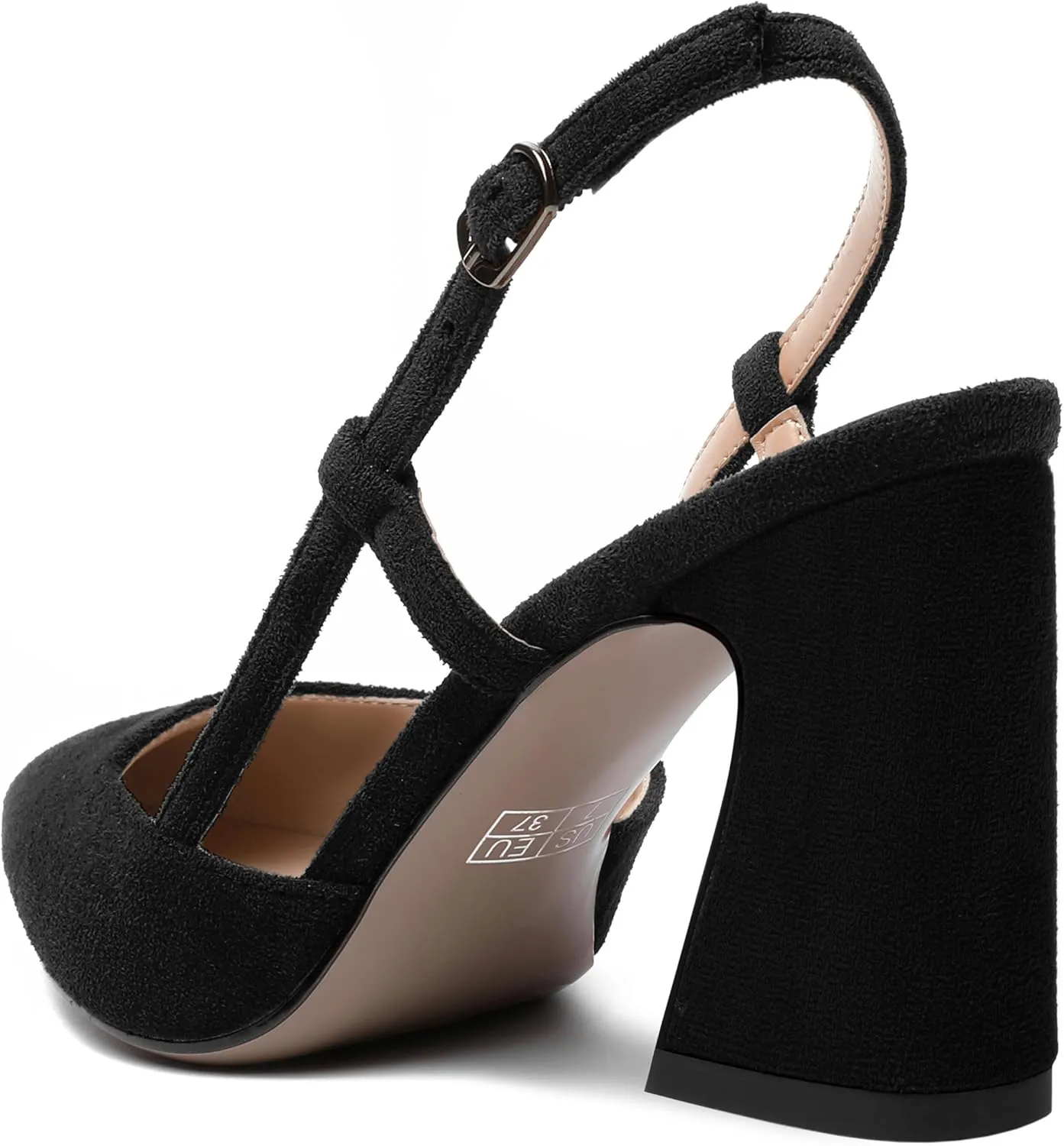 MODENCOCO Womens Slingback Evening Sexy Pointed Toe Suede Fashion Buckle Block High Heel Pumps Shoes 3.3 Inch