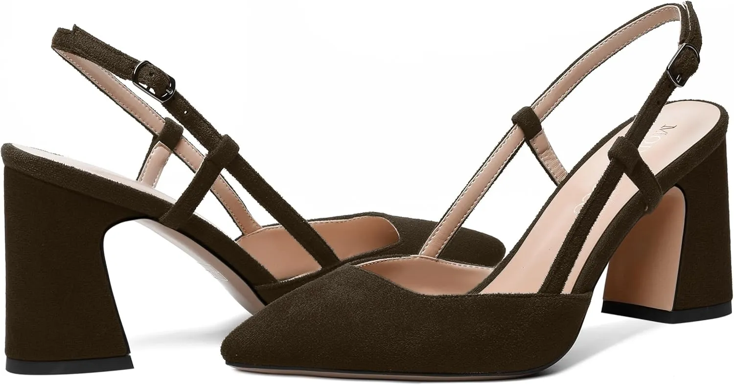 MODENCOCO Womens Slingback Evening Sexy Pointed Toe Suede Fashion Buckle Block High Heel Pumps Shoes 3.3 Inch