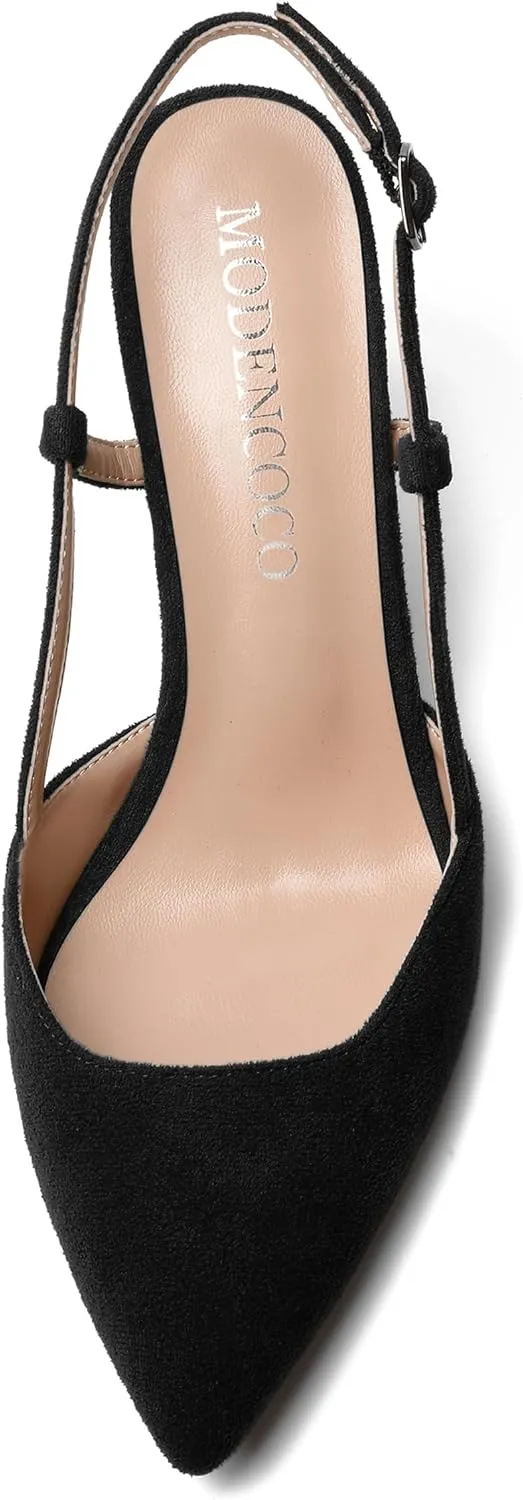 MODENCOCO Womens Slingback Evening Sexy Pointed Toe Suede Fashion Buckle Block High Heel Pumps Shoes 3.3 Inch