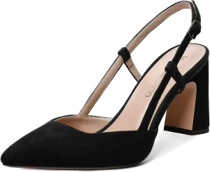 MODENCOCO Womens Slingback Evening Sexy Pointed Toe Suede Fashion Buckle Block High Heel Pumps Shoes 3.3 Inch
