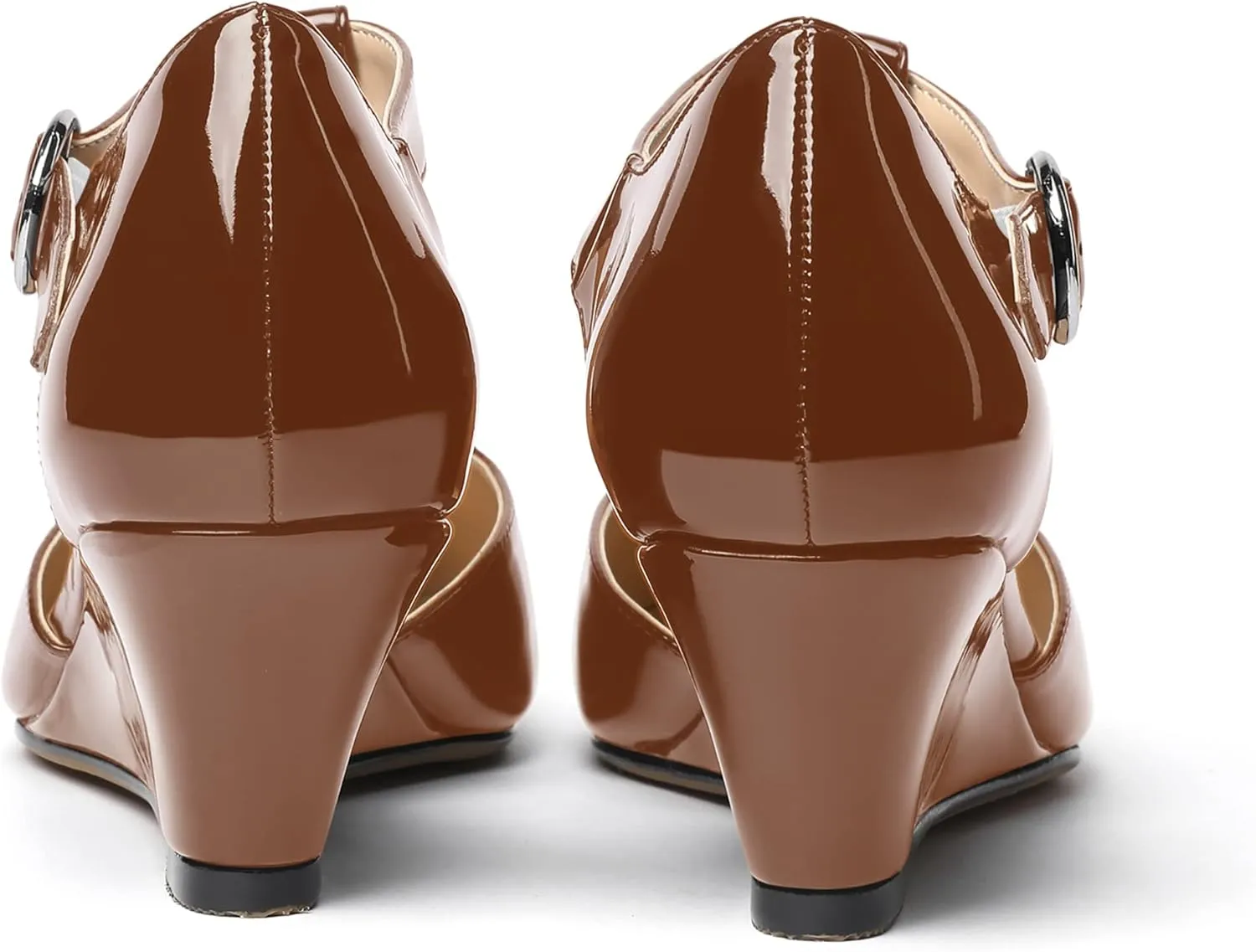 MODENCOCO Women's T Strap Patent Buckle Party Round Toe Fashion Wedge Low Heel Pumps Dress Shoes 2 Inch