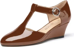 MODENCOCO Women's T Strap Patent Buckle Party Round Toe Fashion Wedge Low Heel Pumps Dress Shoes 2 Inch