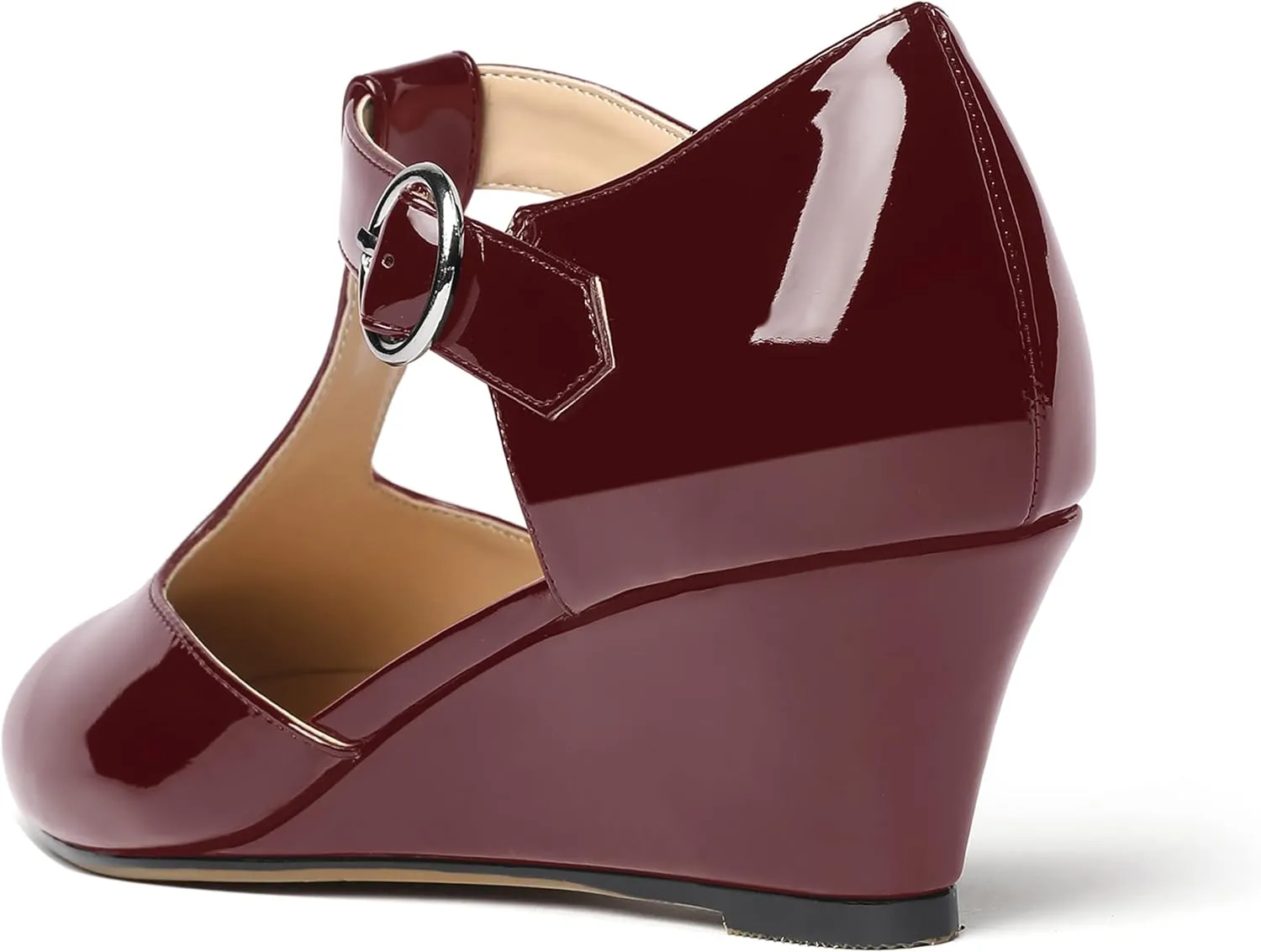 MODENCOCO Women's T Strap Patent Buckle Party Round Toe Fashion Wedge Low Heel Pumps Dress Shoes 2 Inch