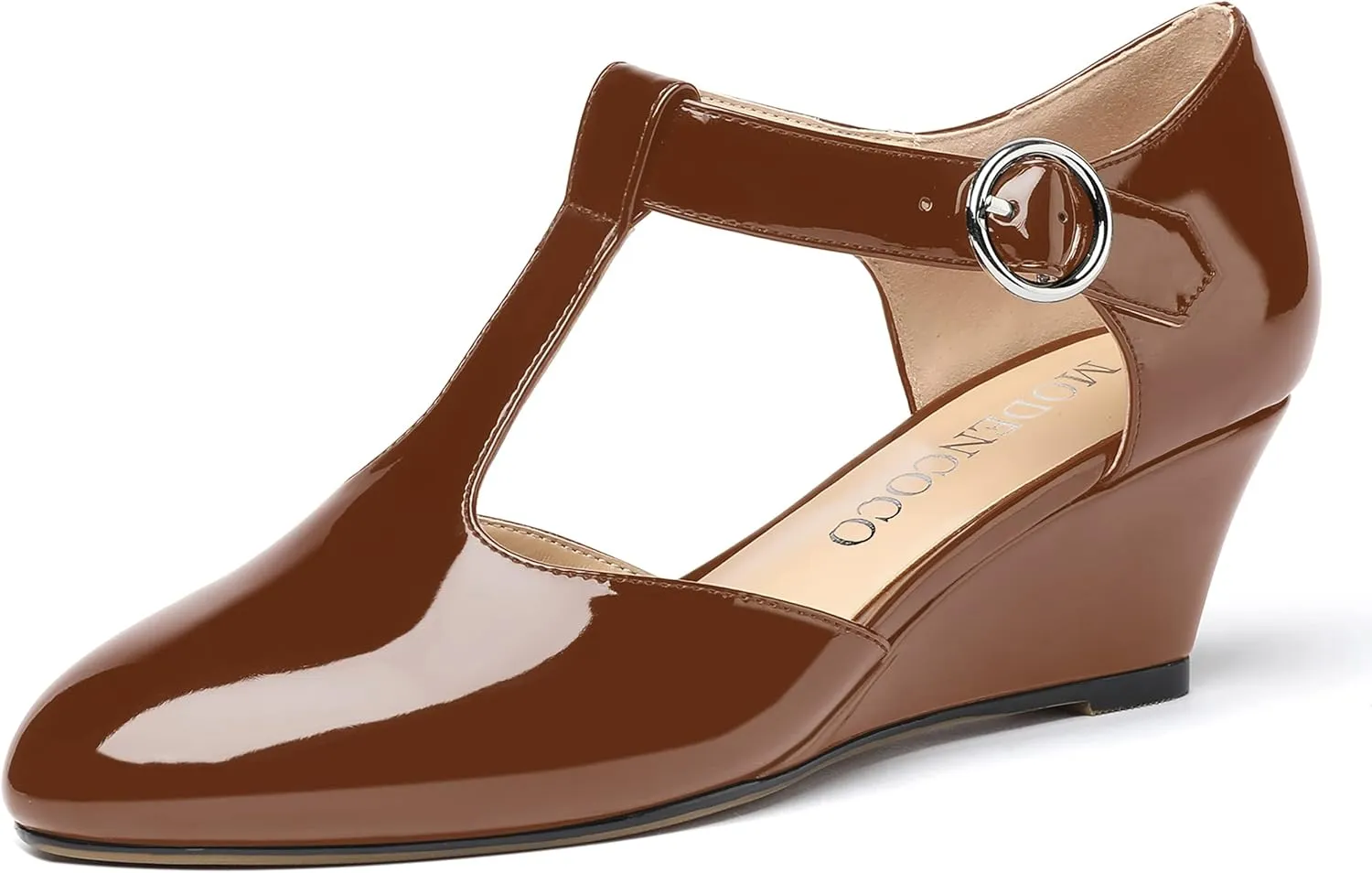 MODENCOCO Women's T Strap Patent Buckle Party Round Toe Fashion Wedge Low Heel Pumps Dress Shoes 2 Inch
