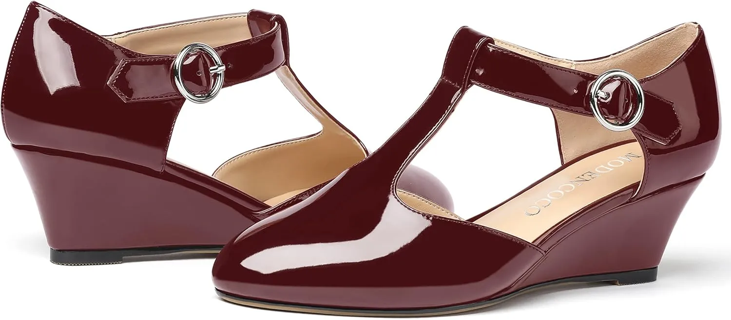 MODENCOCO Women's T Strap Patent Buckle Party Round Toe Fashion Wedge Low Heel Pumps Dress Shoes 2 Inch