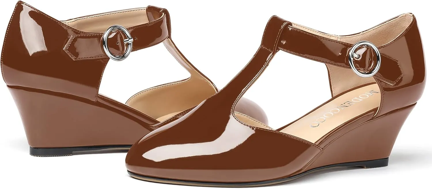 MODENCOCO Women's T Strap Patent Buckle Party Round Toe Fashion Wedge Low Heel Pumps Dress Shoes 2 Inch