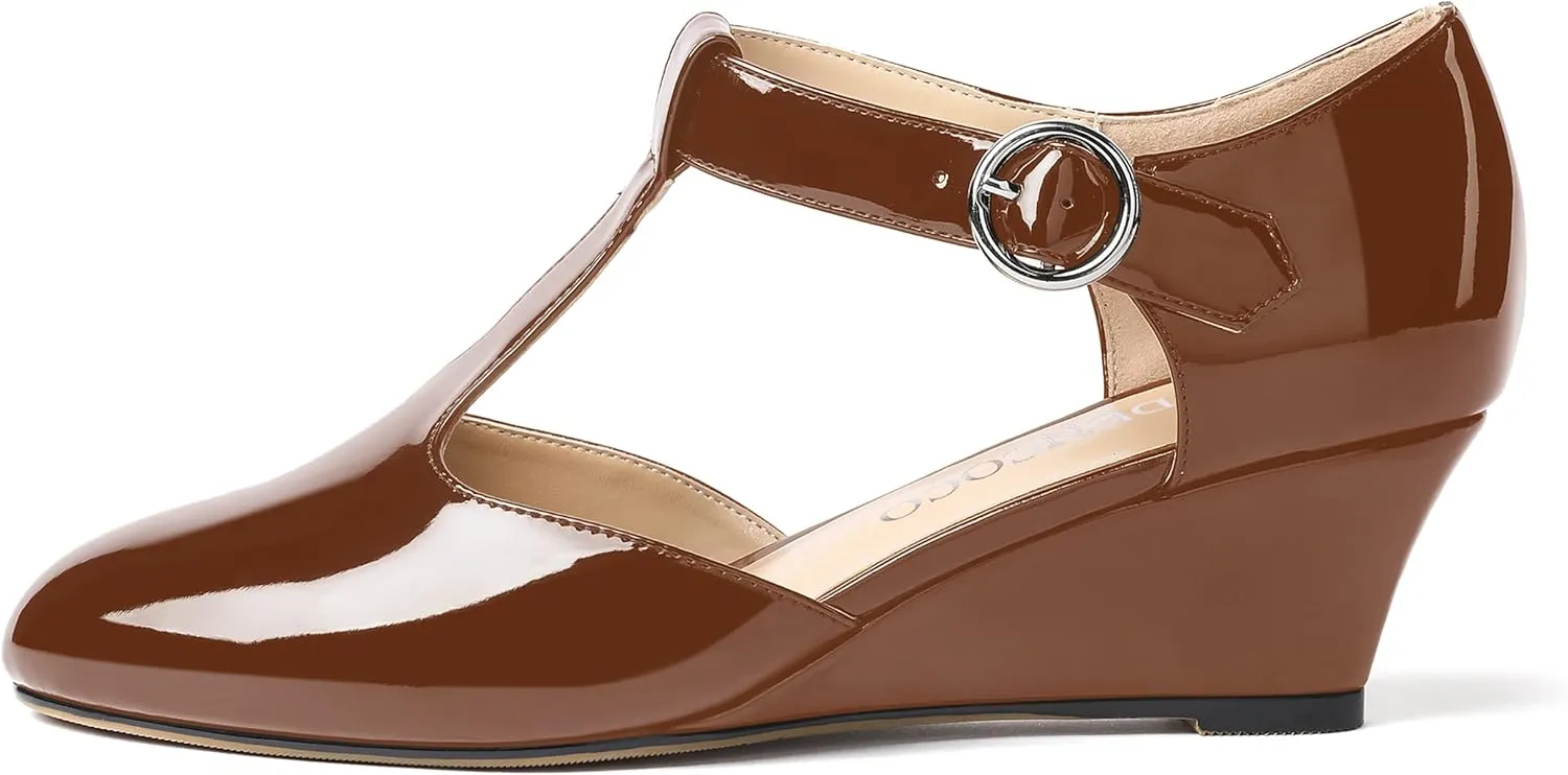 MODENCOCO Women's T Strap Patent Buckle Party Round Toe Fashion Wedge Low Heel Pumps Dress Shoes 2 Inch