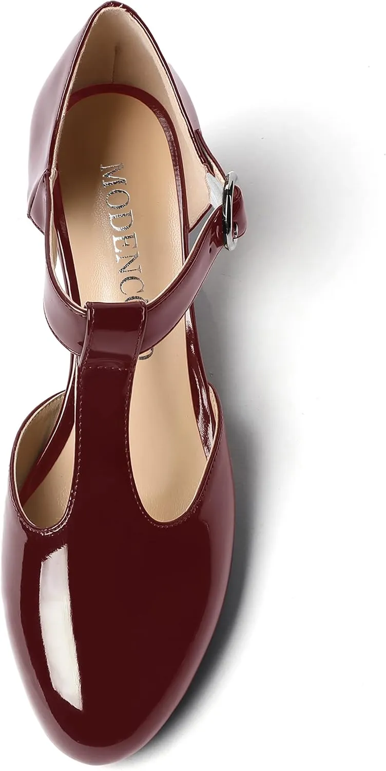 MODENCOCO Women's T Strap Patent Buckle Party Round Toe Fashion Wedge Low Heel Pumps Dress Shoes 2 Inch