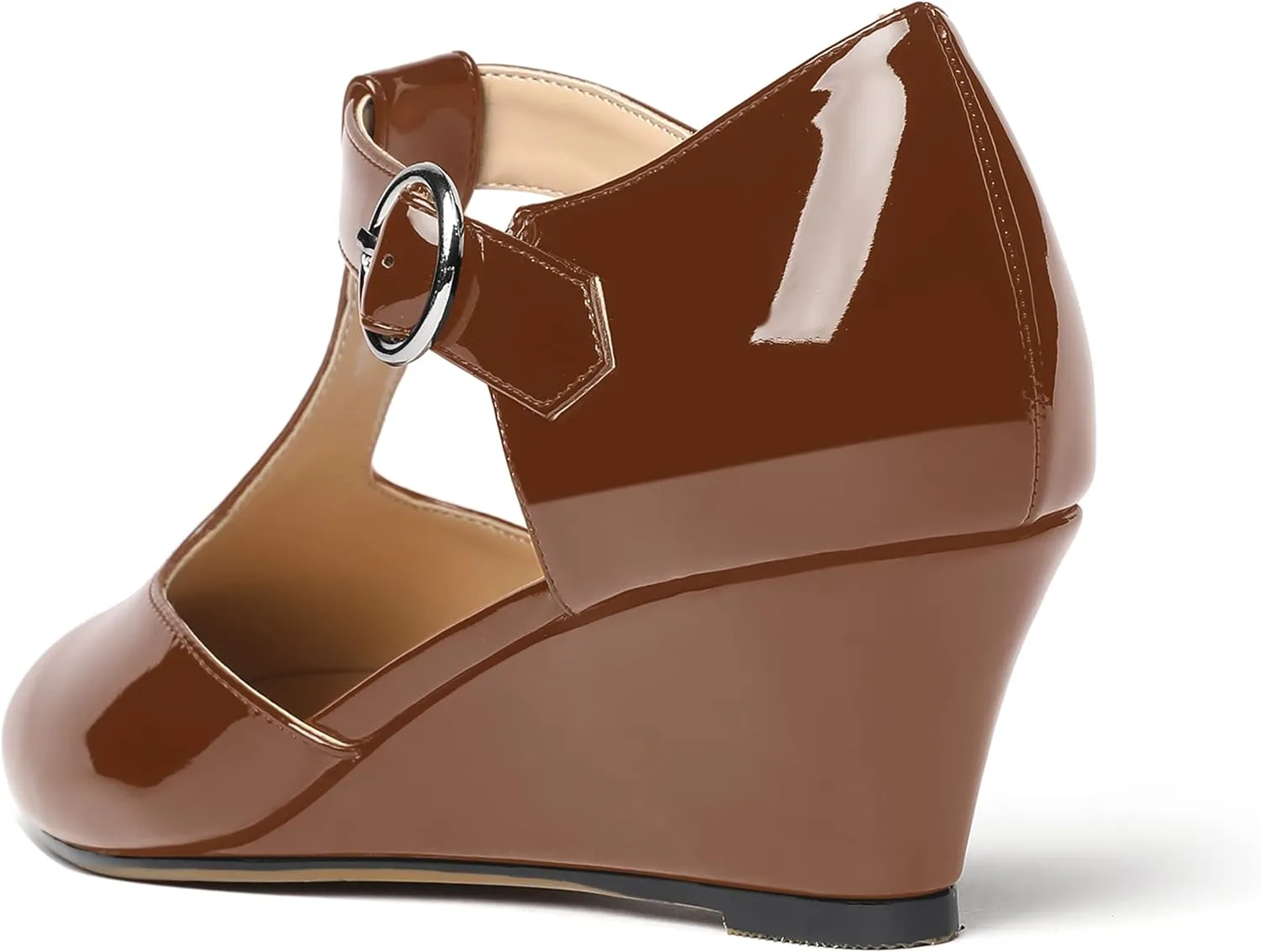 MODENCOCO Women's T Strap Patent Buckle Party Round Toe Fashion Wedge Low Heel Pumps Dress Shoes 2 Inch