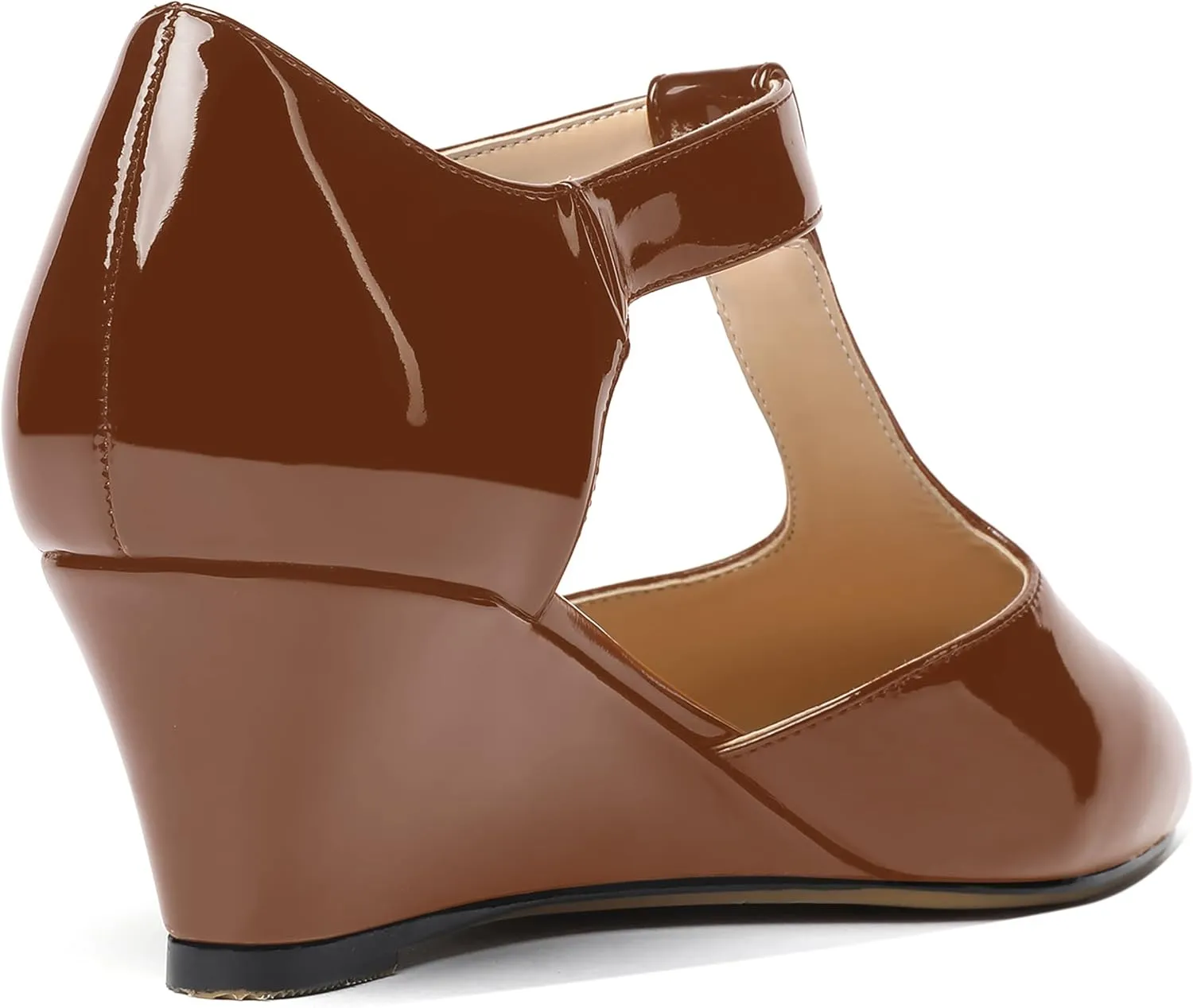 MODENCOCO Women's T Strap Patent Buckle Party Round Toe Fashion Wedge Low Heel Pumps Dress Shoes 2 Inch