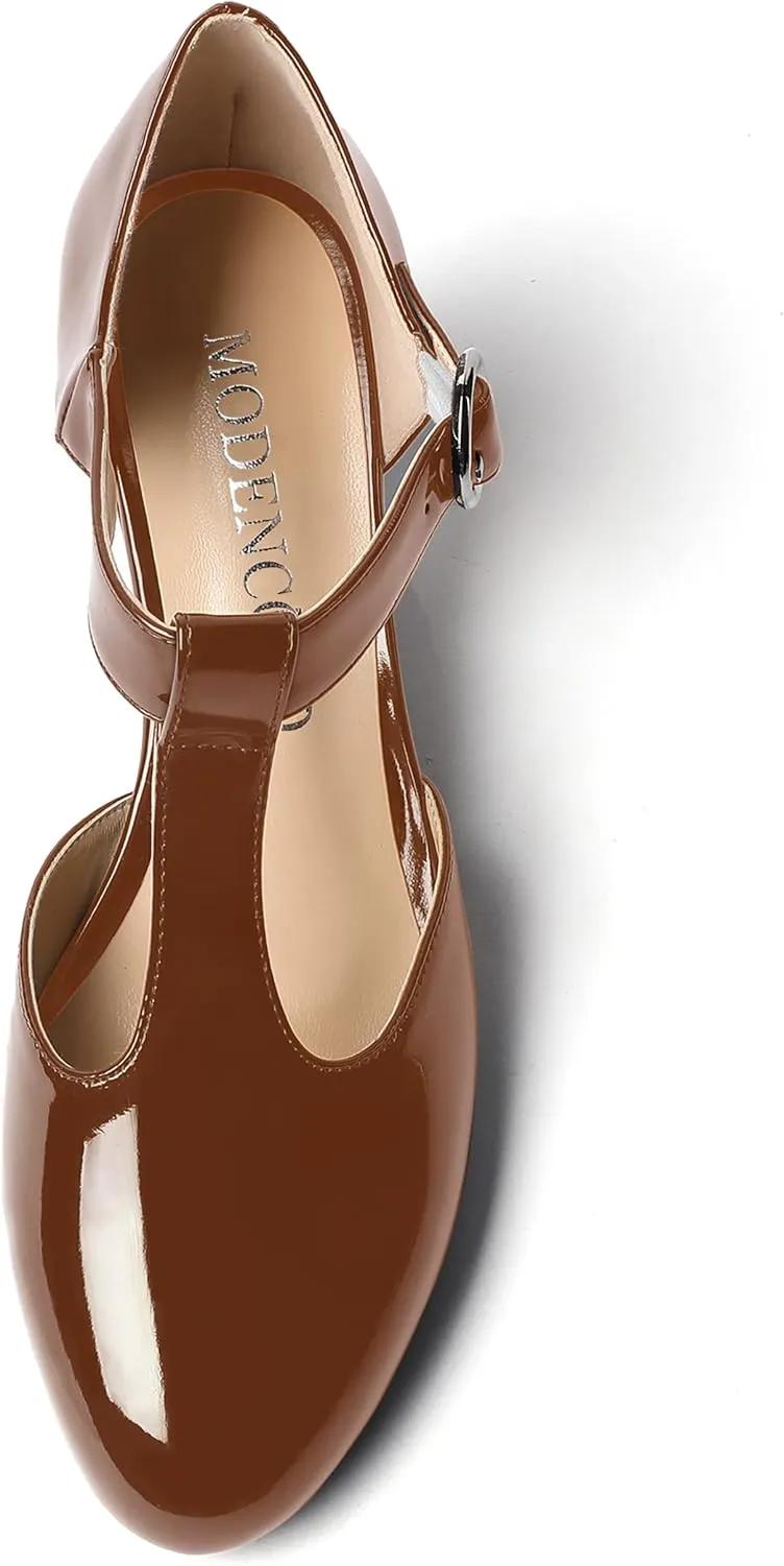 MODENCOCO Women's T Strap Patent Buckle Party Round Toe Fashion Wedge Low Heel Pumps Dress Shoes 2 Inch