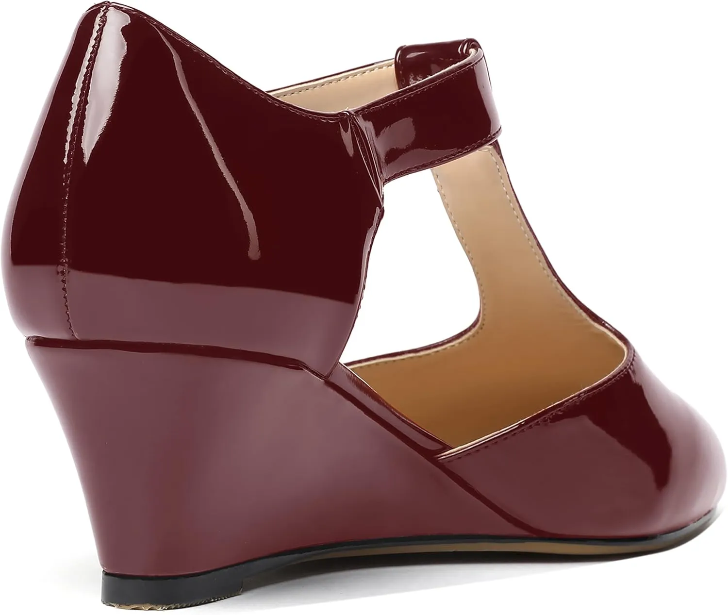 MODENCOCO Women's T Strap Patent Buckle Party Round Toe Fashion Wedge Low Heel Pumps Dress Shoes 2 Inch