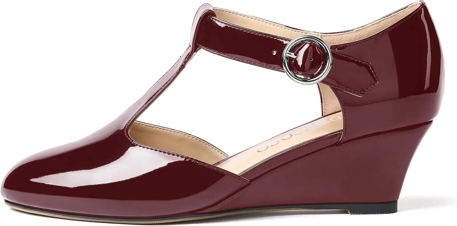 MODENCOCO Women's T Strap Patent Buckle Party Round Toe Fashion Wedge Low Heel Pumps Dress Shoes 2 Inch