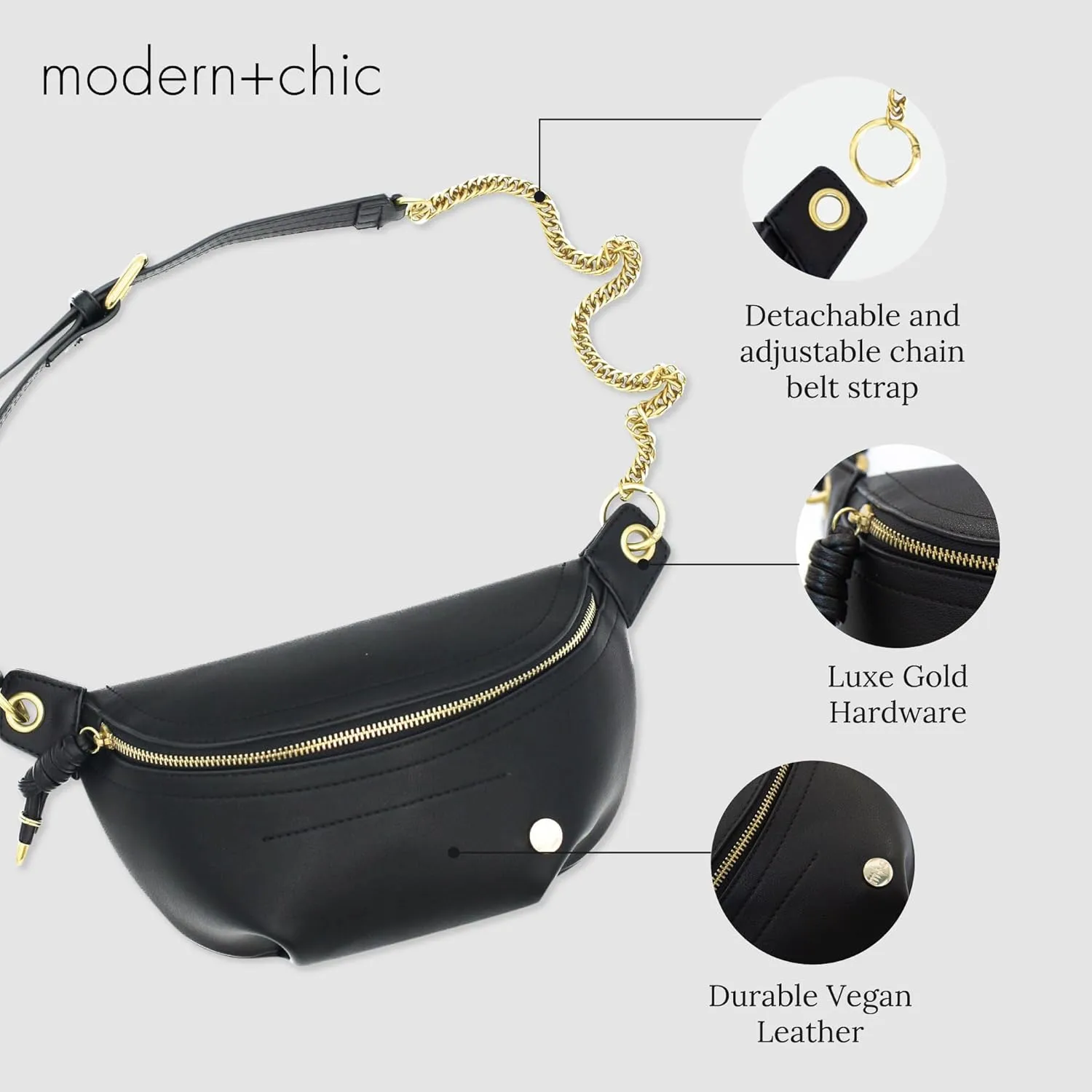 Modern Chic Belt Bag for Women - Catherine Vegan Leather Belt Bag, Crossbody Bag with Chain Strap and Interior Pocket