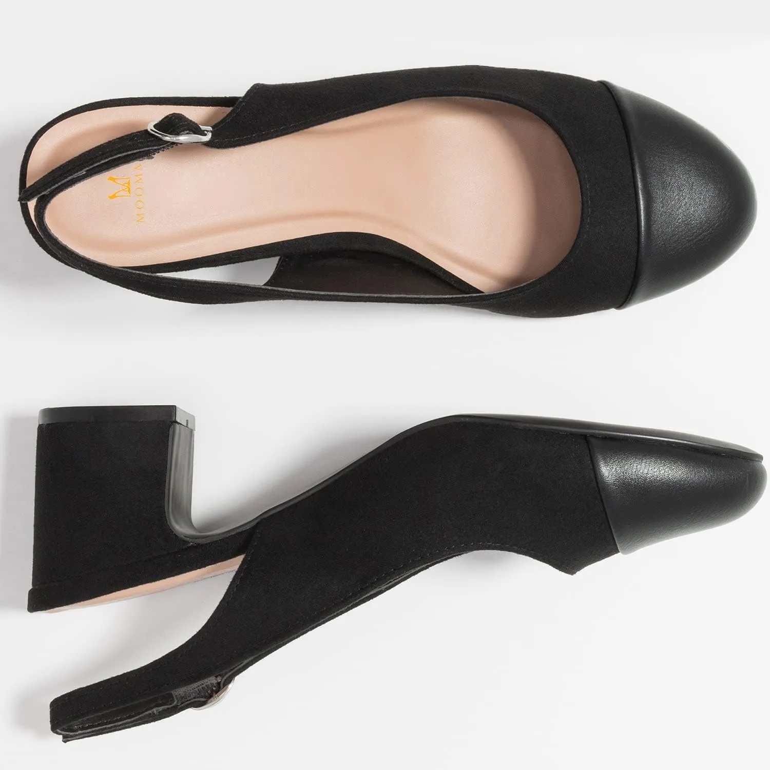 MOOMMO Women Chunky Heel Pumps Slingback Cap Toe Slip On Round Toe Dress Shoes Two Toned Patchwork 2 inch Low Heel Office Lady Formal Elegant Slide Sandals Close Toe 4-13 M US