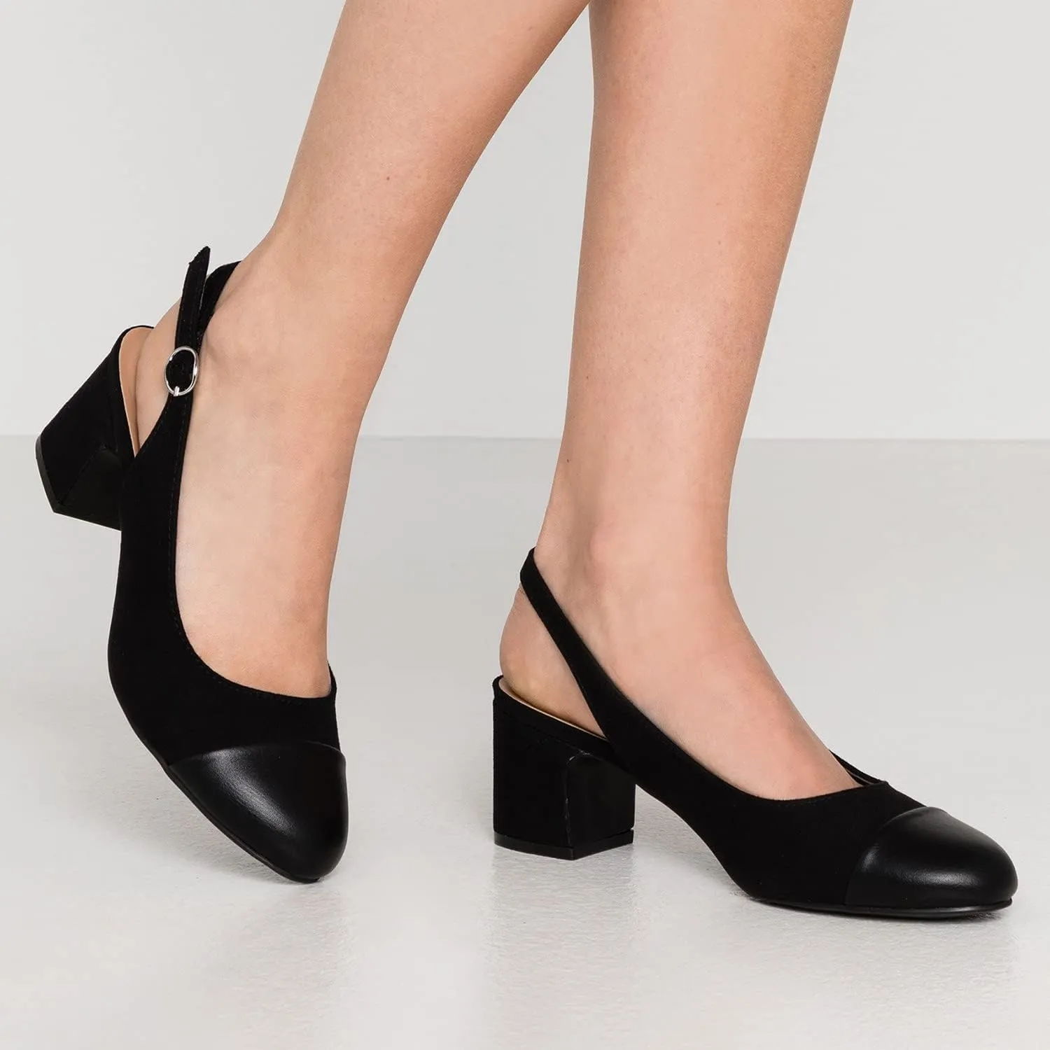 MOOMMO Women Chunky Heel Pumps Slingback Cap Toe Slip On Round Toe Dress Shoes Two Toned Patchwork 2 inch Low Heel Office Lady Formal Elegant Slide Sandals Close Toe 4-13 M US