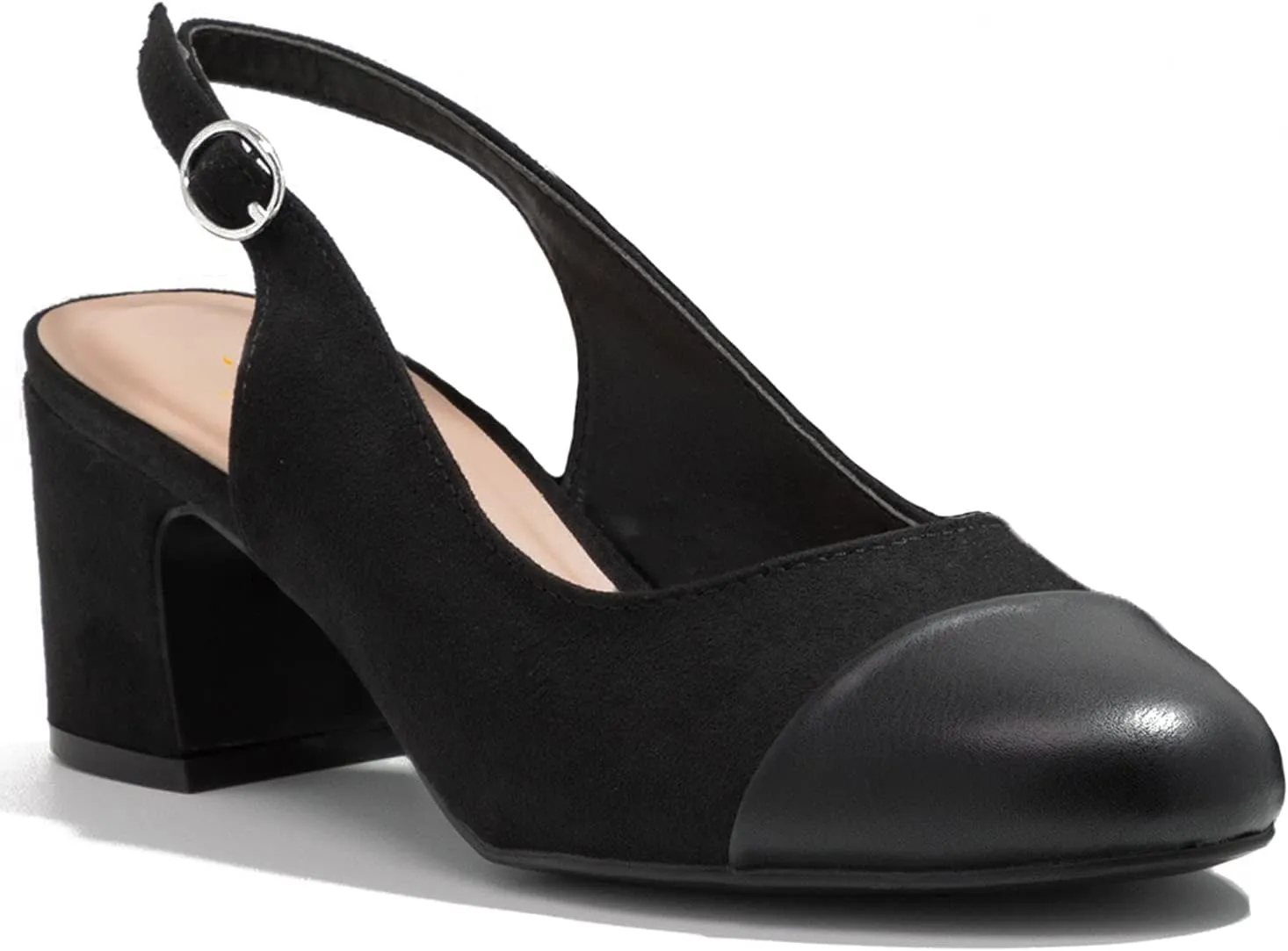 MOOMMO Women Chunky Heel Pumps Slingback Cap Toe Slip On Round Toe Dress Shoes Two Toned Patchwork 2 inch Low Heel Office Lady Formal Elegant Slide Sandals Close Toe 4-13 M US