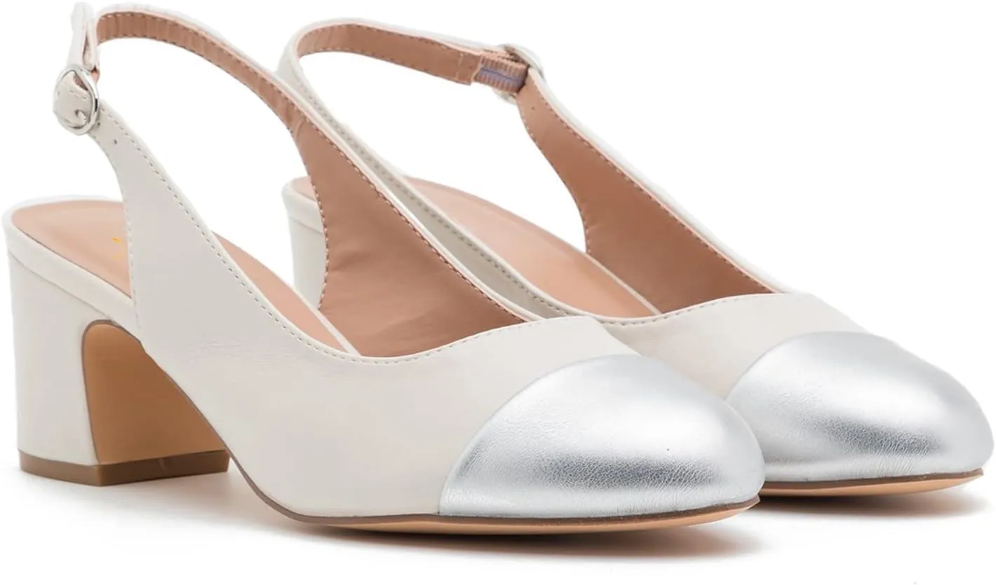 MOOMMO Women Chunky Heel Pumps Slingback Cap Toe Slip On Round Toe Dress Shoes Two Toned Patchwork 2 inch Low Heel Office Lady Formal Elegant Slide Sandals Close Toe 4-13 M US