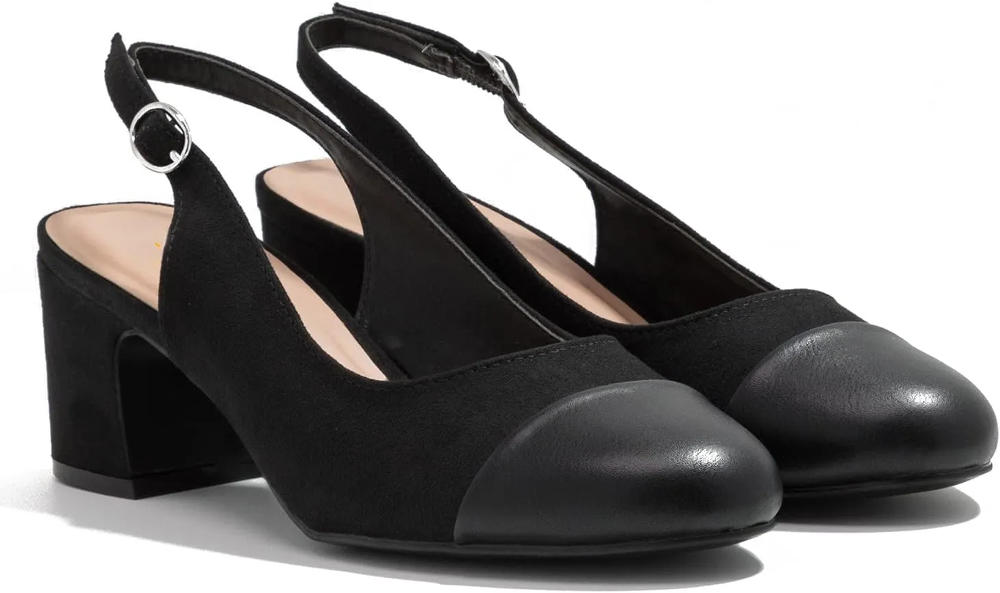 MOOMMO Women Chunky Heel Pumps Slingback Cap Toe Slip On Round Toe Dress Shoes Two Toned Patchwork 2 inch Low Heel Office Lady Formal Elegant Slide Sandals Close Toe 4-13 M US