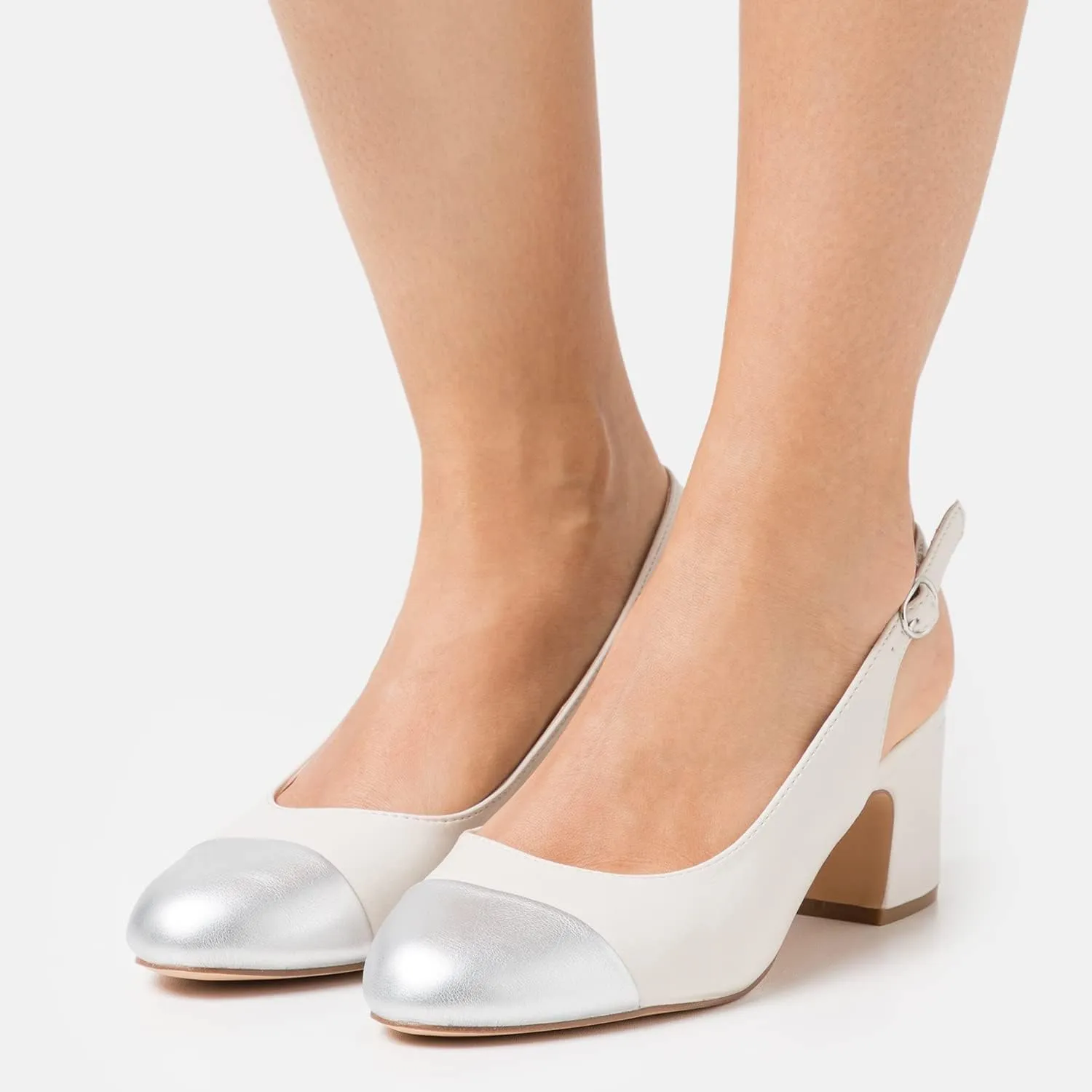 MOOMMO Women Chunky Heel Pumps Slingback Cap Toe Slip On Round Toe Dress Shoes Two Toned Patchwork 2 inch Low Heel Office Lady Formal Elegant Slide Sandals Close Toe 4-13 M US