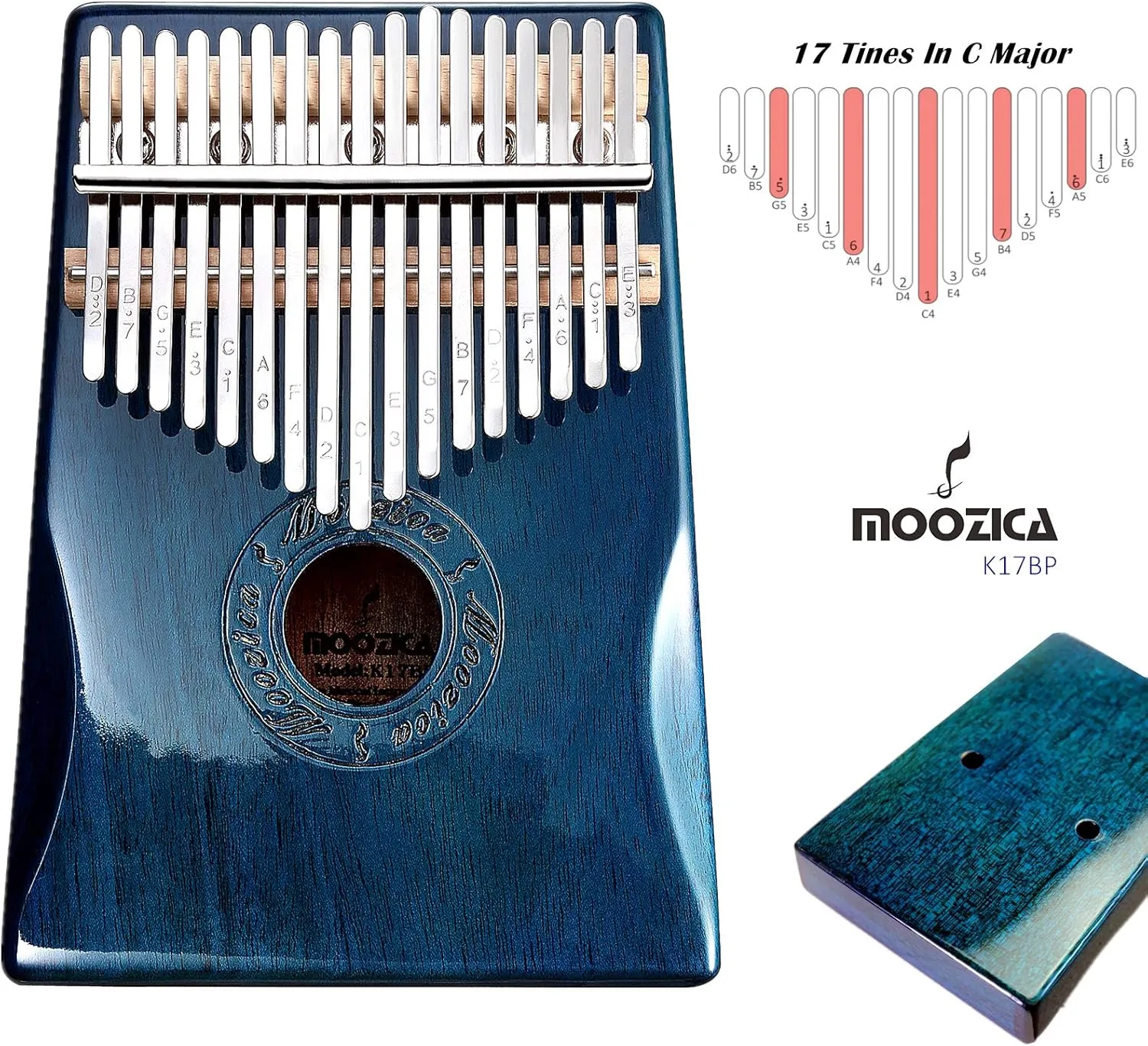 Moozica 17 Keys Kalimba Thumb Piano, Solid Mahogany Wood Professional Marimba Mbira with Piano Lacquer Finishing Musical Instrument Gift (Blue-K17BP)