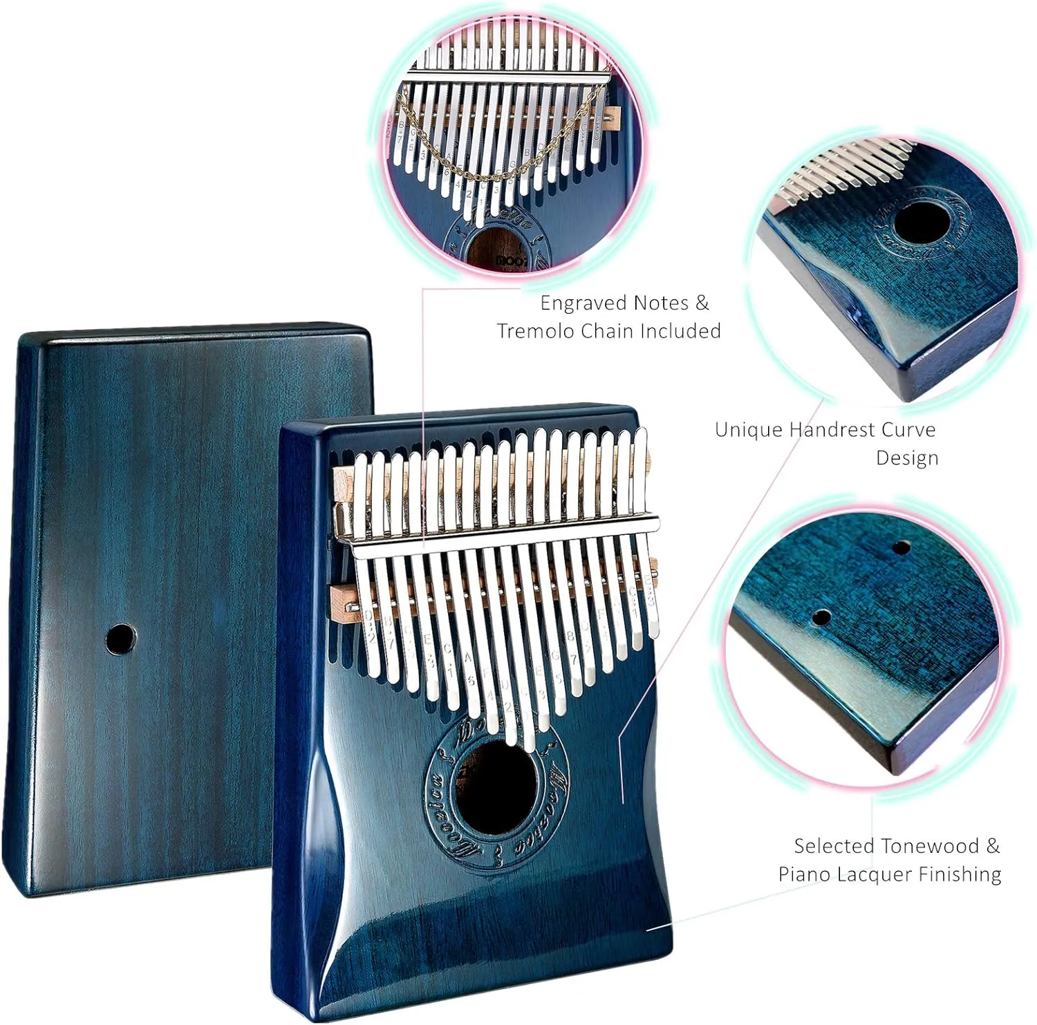 Moozica 17 Keys Kalimba Thumb Piano, Solid Mahogany Wood Professional Marimba Mbira with Piano Lacquer Finishing Musical Instrument Gift (Blue-K17BP)