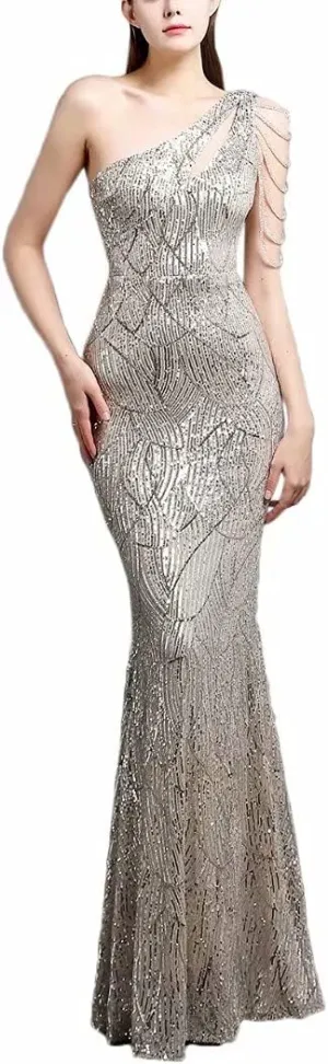 Mordarli 2023 One Shoulder Sequin Prom Dresses with Slit Long Formal Dresses Mermaid Evening Gowns