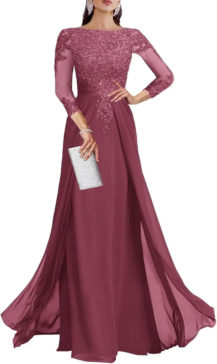 Mother of The Bride Dresses for Wedding A Line V Neck 3/4 Sleeve Long Chiffon Lace Sequin Formal Evening Dress