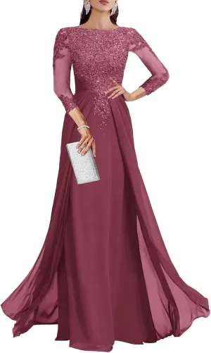 Mother of The Bride Dresses for Wedding A Line V Neck 3/4 Sleeve Long Chiffon Lace Sequin Formal Evening Dress