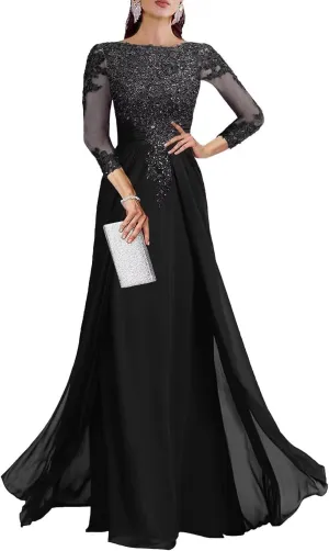 Mother of The Bride Dresses for Wedding A Line V Neck 3/4 Sleeve Long Chiffon Lace Sequin Formal Evening Dress