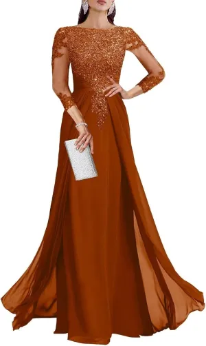 Mother of The Bride Dresses for Wedding A Line V Neck 3/4 Sleeve Long Chiffon Lace Sequin Formal Evening Dress