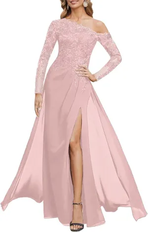 Mother of The Bride Dresses for Wedding Mermaid Chiffon Lace Sequin Formal Evening Dress with Slit