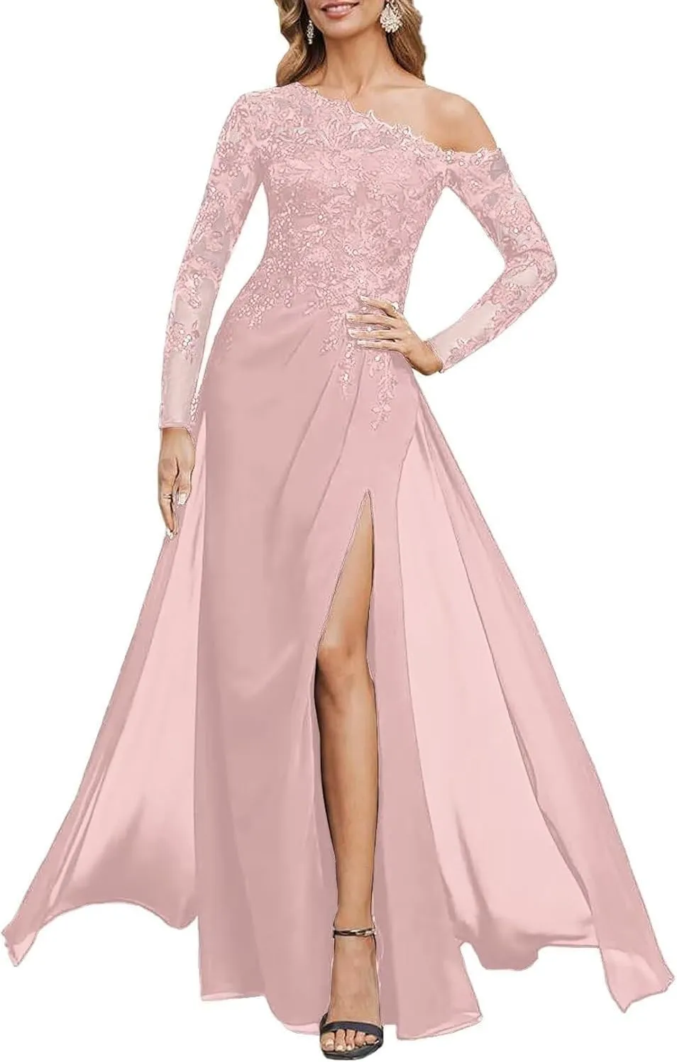 Mother of The Bride Dresses for Wedding Mermaid Chiffon Lace Sequin Formal Evening Dress with Slit